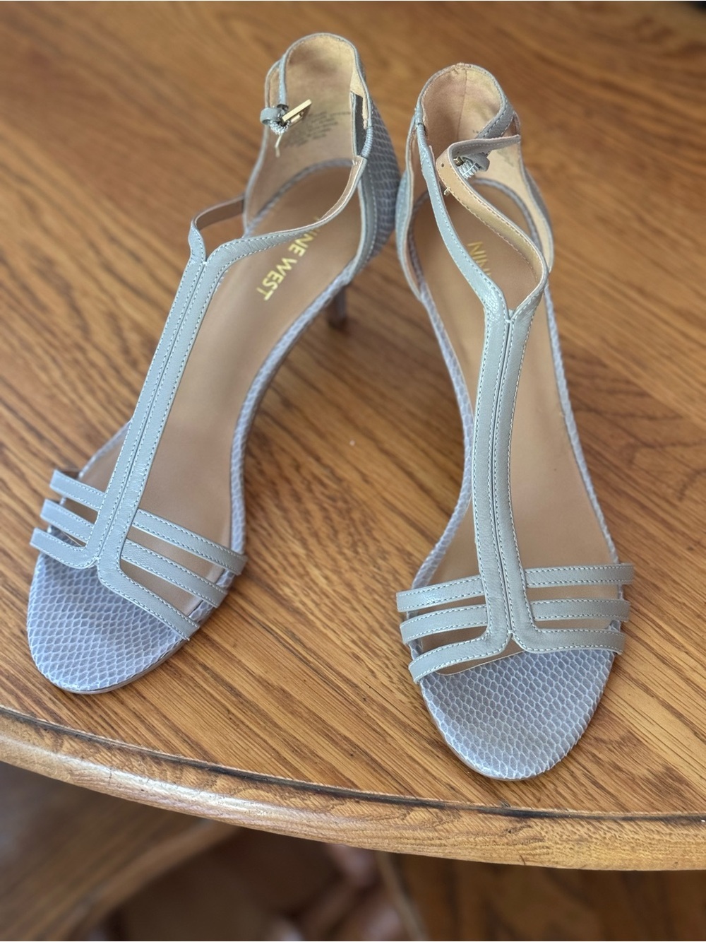 Nine West Light Gray T-Strap Heeled Sandals